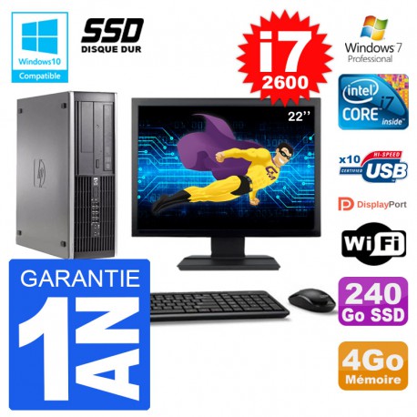 PC HP 6200 SFF Ecran 22" Intel i7-2600 RAM 4Go SSD 240Go Graveur DVD Wifi W7