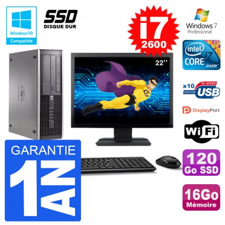 PC HP 6200 SFF Ecran 22" Intel i7-2600 RAM 16Go SSD 120Go Graveur DVD Wifi W7