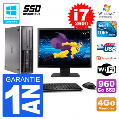 PC HP 6200 SFF Ecran 27" Intel i7-2600 RAM 4Go SSD 960Go Graveur DVD Wifi W7
