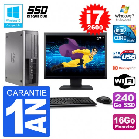 PC HP 6200 SFF Ecran 27" Intel i7-2600 RAM 16Go SSD 240Go Graveur DVD Wifi W7