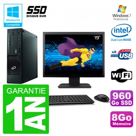 PC Fujitsu Esprimo E500 E85+ DT Ecran 19" G640 RAM 8Go SSD 960Go DVD Wifi W7
