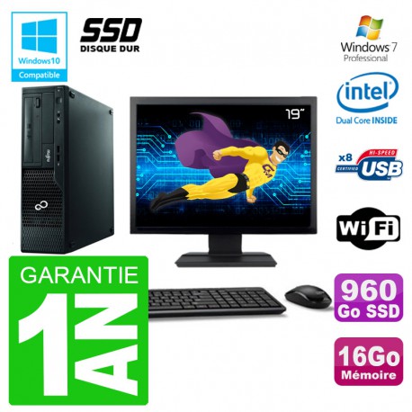 PC Fujitsu Esprimo E500 E85+ DT Ecran 19" G640 RAM 16Go SSD 960Go DVD Wifi W7