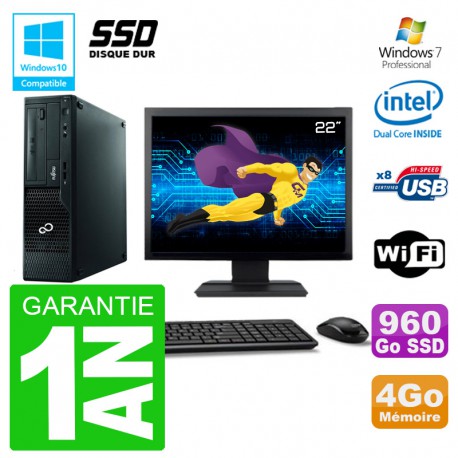 PC Fujitsu Esprimo E500 E85+ DT Ecran 22" G640 RAM 4Go SSD 960Go DVD Wifi W7