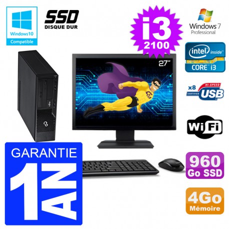 PC Fujitsu Esprimo E500 E85+ DT Ecran 27" i3-2100 RAM 4Go SSD 960Go DVD Wifi W7