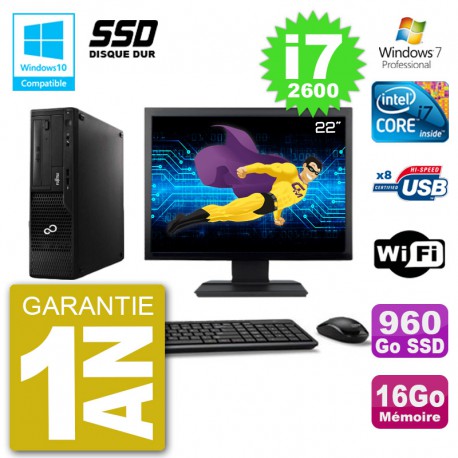 PC Fujitsu Esprimo E500 E85+ DT Ecran 22" i7-2600 RAM 16Go SSD 960Go DVD Wifi W7