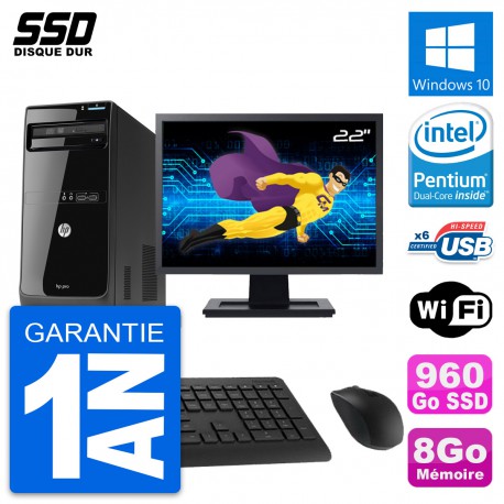 PC Tour HP Pro 3500 MT Ecran 22" Pentium G2020 RAM 8Go SSD 960Go Windows 10 Wifi