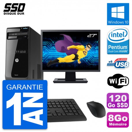 PC Tour HP Pro 3500 MT Ecran 27" Pentium G2020 RAM 8Go SSD 120Go Windows 10 Wifi