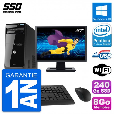 PC Tour HP Pro 3500 MT Ecran 27" Pentium G2020 RAM 8Go SSD 240Go Windows 10 Wifi