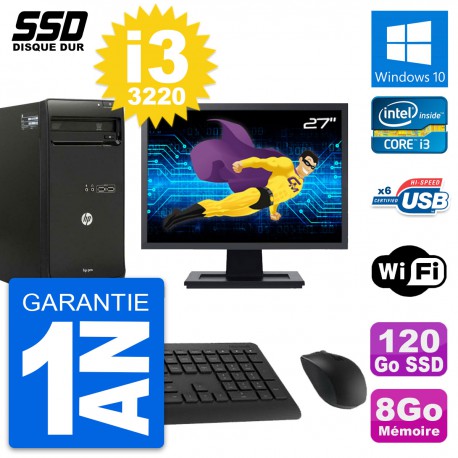 PC Tour HP Pro 3500 MT Ecran 27" Core i3-3220 RAM 8Go SSD 120Go Windows 10 Wifi