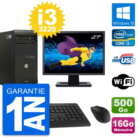 PC Tour HP Pro 3500 MT Ecran 27" i3-3220 RAM 16Go Disque 500Go Windows 10 Wifi