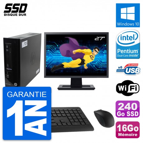 PC HP Pro 3300 SFF Ecran 27" Pentium G630 RAM 16Go SSD 240Go Windows 10 Wifi