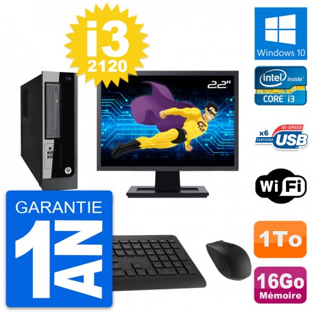 PC HP Pro 3300 SFF Ecran 22" Intel i3-2120 RAM 16Go Disque 1To Windows 10 Wifi