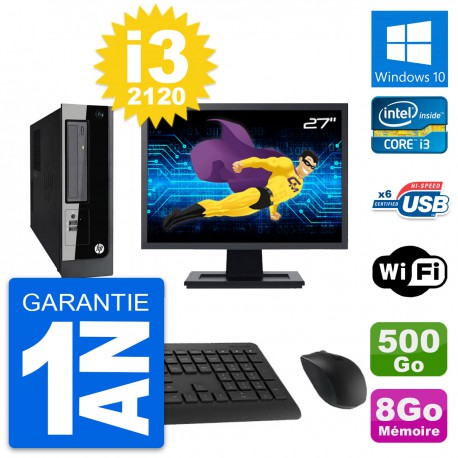 PC HP Pro 3300 SFF Ecran 27" Intel i3-2120 RAM 8Go Disque 500Go Windows 10 Wifi