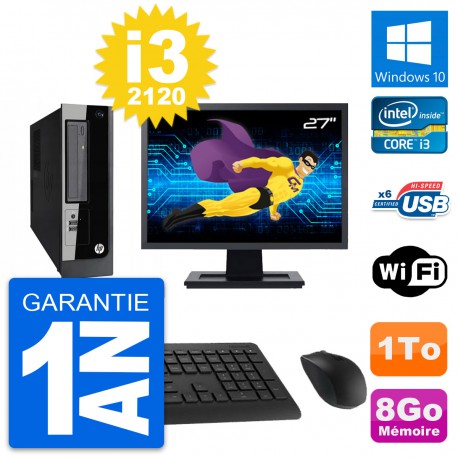 PC HP Pro 3300 SFF Ecran 27" Core i3-2120 RAM 8Go Disque Dur 1To Windows 10 Wifi