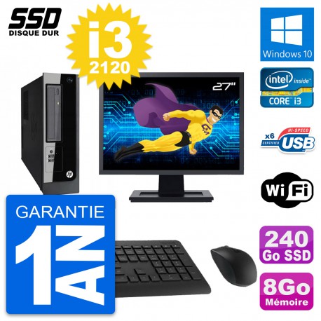 PC HP Pro 3300 SFF Ecran 27" Intel i3-2120 RAM 8Go SSD 240Go Windows 10 Wifi