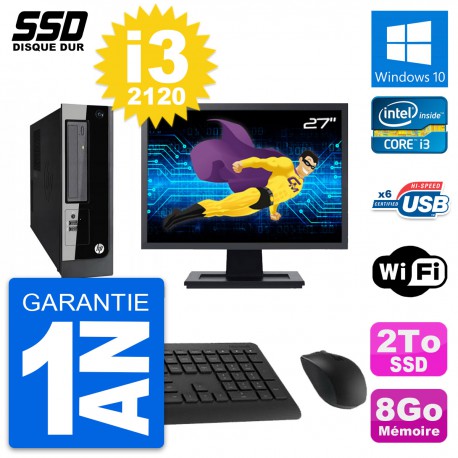 PC HP Pro 3300 SFF Ecran 27" Intel Core i3-2120 RAM 8Go SSD 2To Windows 10 Wifi