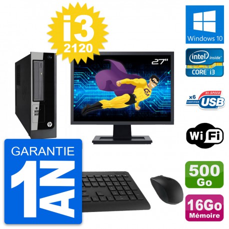 PC HP Pro 3300 SFF Ecran 27" Intel i3-2120 RAM 16Go Disque 500Go Windows 10 Wifi