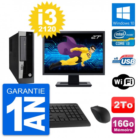 PC HP Pro 3300 SFF Ecran 27" Intel i3-2120 RAM 16Go Disque 2To Windows 10 Wifi