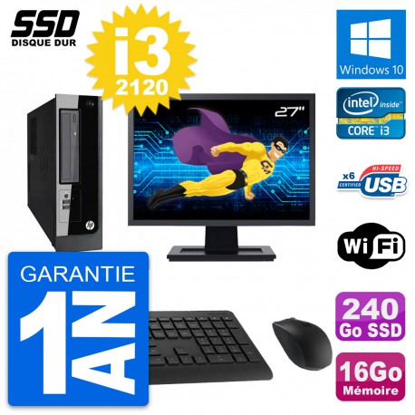 PC HP Pro 3300 SFF Ecran 27" Intel i3-2120 RAM 16Go SSD 240Go Windows 10 Wifi