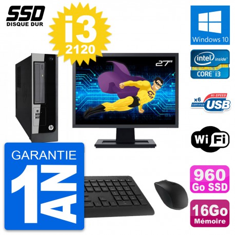 PC HP Pro 3300 SFF Ecran 27" Intel i3-2120 RAM 16Go SSD 960Go Windows 10 Wifi