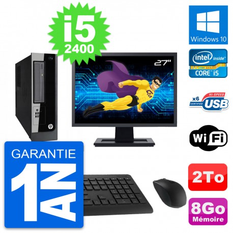 PC HP Pro 3300 SFF Ecran 27" Core i5-2400 RAM 8Go Disque Dur 2To Windows 10 Wifi