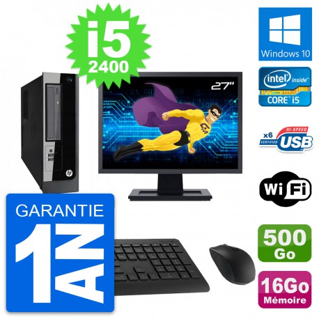PC HP Pro 3300 SFF Ecran 27" Intel i5-2400 RAM 16Go Disque 500Go Windows 10 Wifi
