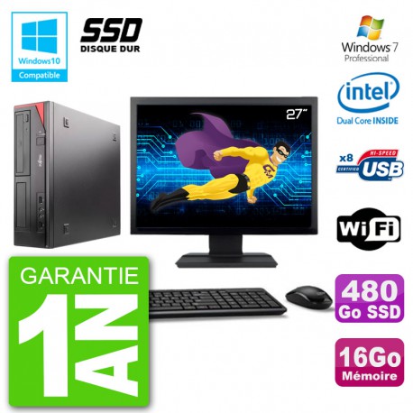 PC Fujitsu Esprimo E520 Ecran 27" G3220 RAM 16Go SSD 480Go Graveur DVD Wifi W7