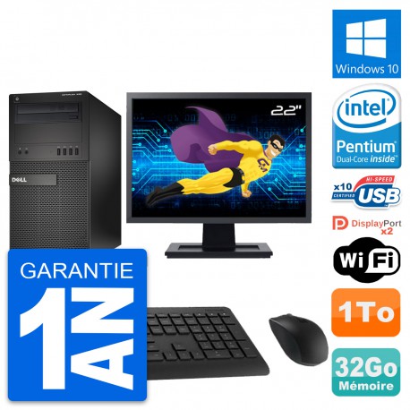 PC Tour Dell XE2 MT Ecran 22" Pentium G3220 RAM 32Go Disque 1To Windows 10 Wifi