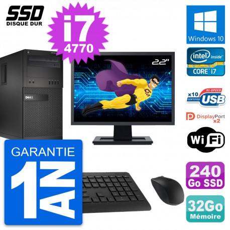 PC Tour Dell XE2 MT Ecran 22" Intel i7-4770 RAM 32Go SSD 240Go Windows 10 Wifi