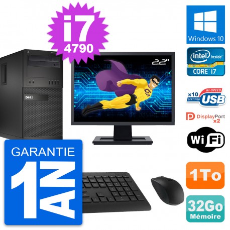 PC Tour Dell XE2 MT Ecran 22" Intel i7-4790 RAM 32Go Disque 1To Windows 10 Wifi