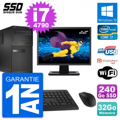 PC Tour Dell XE2 MT Ecran 22" Intel i7-4790 RAM 32Go SSD 240Go Windows 10 Wifi