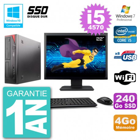 PC Fujitsu Esprimo E520 Ecran 22" i5-4570 RAM 4Go SSD 240Go Graveur DVD Wifi W7