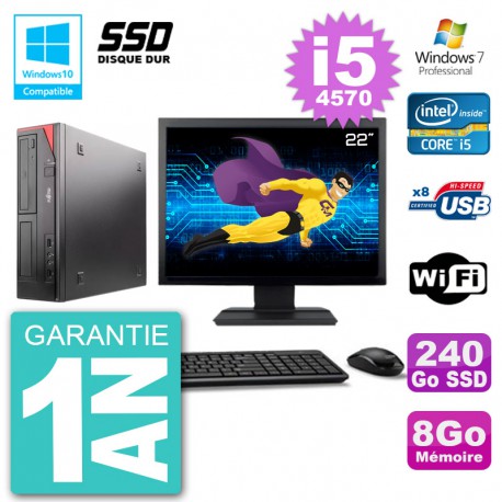 PC Fujitsu Esprimo E520 Ecran 22" i5-4570 RAM 8Go SSD 240Go Graveur DVD Wifi W7