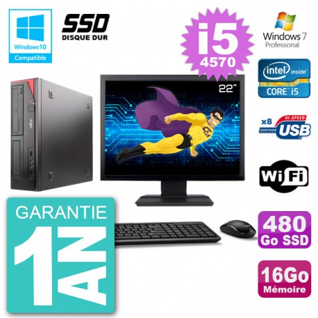 PC Fujitsu Esprimo E520 Ecran 22" i5-4570 RAM 16Go SSD 480Go Graveur DVD Wifi W7