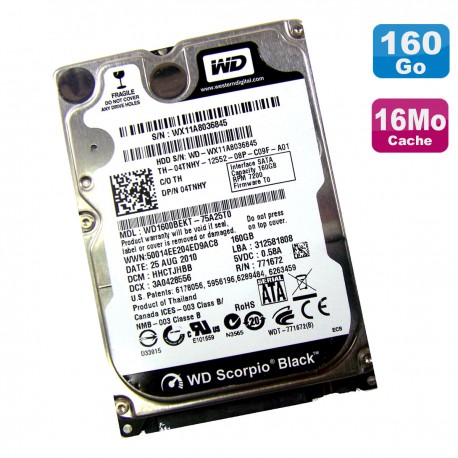 Disque Dur 160Go SATA 2.5" WD Scorpio Black WD1600BEKT-75A25T0 04TNHY 7200RPM