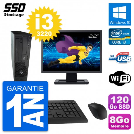 PC Fujitsu E510 DT Ecran 22" Intel i3-3220 RAM 8Go SSD 120Go Windows 10 Wifi