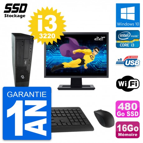PC Fujitsu E510 DT Ecran 22" Intel i3-3220 RAM 16Go SSD 480Go Windows 10 Wifi