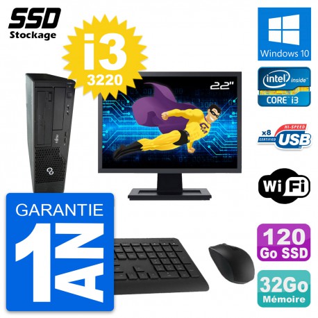 PC Fujitsu E510 DT Ecran 22" Intel i3-3220 RAM 32Go SSD 120Go Windows 10 Wifi