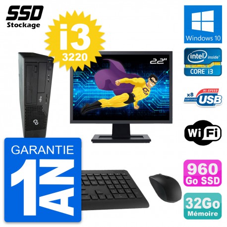 PC Fujitsu E510 DT Ecran 22" Intel i3-3220 RAM 32Go SSD 960Go Windows 10 Wifi