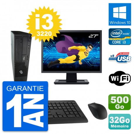 PC Fujitsu E510 DT Ecran 27" Intel i3-3220 RAM 32Go Disque 500Go Windows 10 Wifi