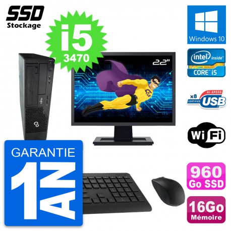 PC Fujitsu E510 DT Ecran 22" Intel i5-3470 RAM 16Go SSD 960Go Windows 10 Wifi