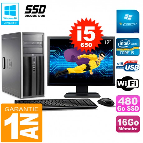 PC HP 8100 Tour Ecran 19" Core i5-650 RAM 16Go SSD 480Go Graveur DVD Wifi W7