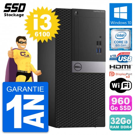 PC Tour Dell OptiPlex 5050 Intel i3-6100 RAM 32Go SSD 960Go HDMI Windows 10 Wifi
