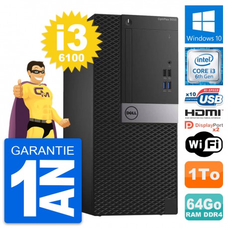 PC Tour Dell OptiPlex 5050 Core i3-6100 RAM 64Go Disque 1To HDMI Windows 10 Wifi