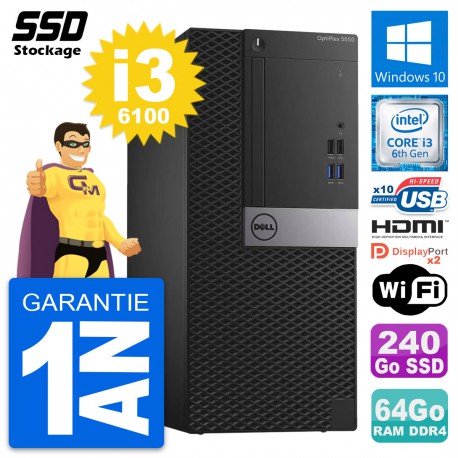 PC Tour Dell OptiPlex 5050 Intel i3-6100 RAM 64Go SSD 240Go HDMI Windows 10 Wifi