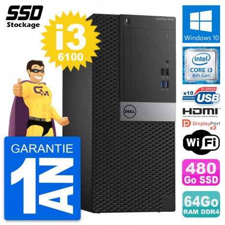 PC Tour Dell OptiPlex 5050 Intel i3-6100 RAM 64Go SSD 480Go HDMI Windows 10 Wifi
