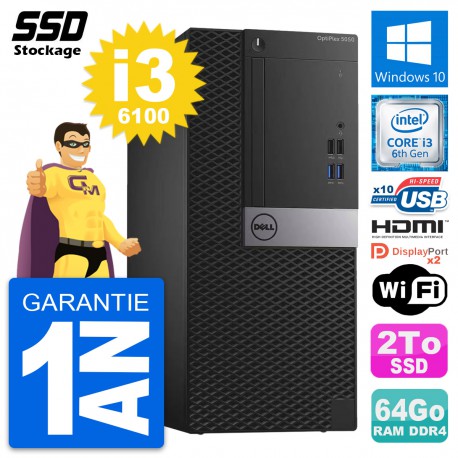 PC Tour Dell OptiPlex 5050 MT Core i3-6100 RAM 64Go SSD 2To HDMI Windows 10 Wifi