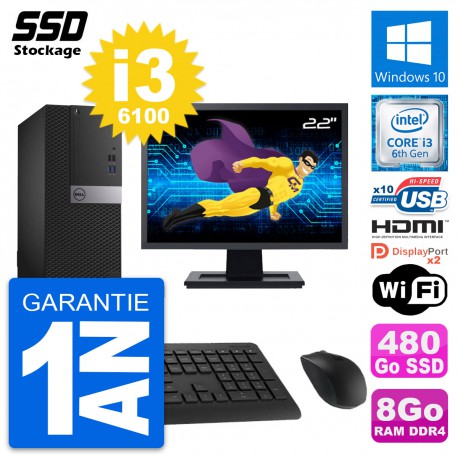 PC Tour Dell 5050 Ecran 22" Intel i3-6100 RAM 8Go SSD 480Go HDMI Windows 10 Wifi