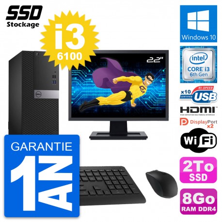 PC Tour Dell 5050 MT Ecran 22" Core i3-6100 RAM 8Go SSD 2To HDMI Windows 10 Wifi