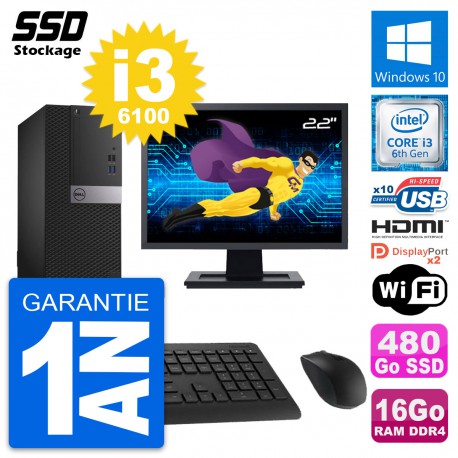 PC Tour Dell 5050 Ecran 22" Core i3-6100 RAM 16Go SSD 480Go HDMI Windows 10 Wifi